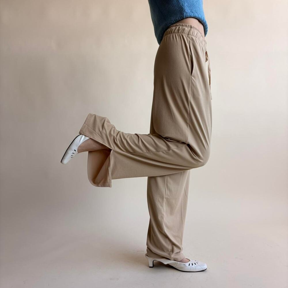 Tan Wide Leg Lounge Pants - Drawstring Waist, Ankle Slits, Size XS - Picture 5 of 6